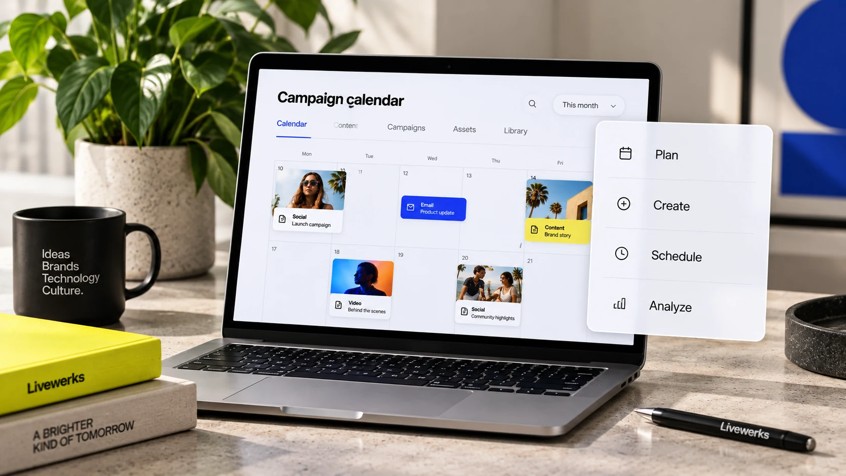 JaxOS marketing campaign calendar on a laptop with Plan, Create, Schedule, and Analyze controls.