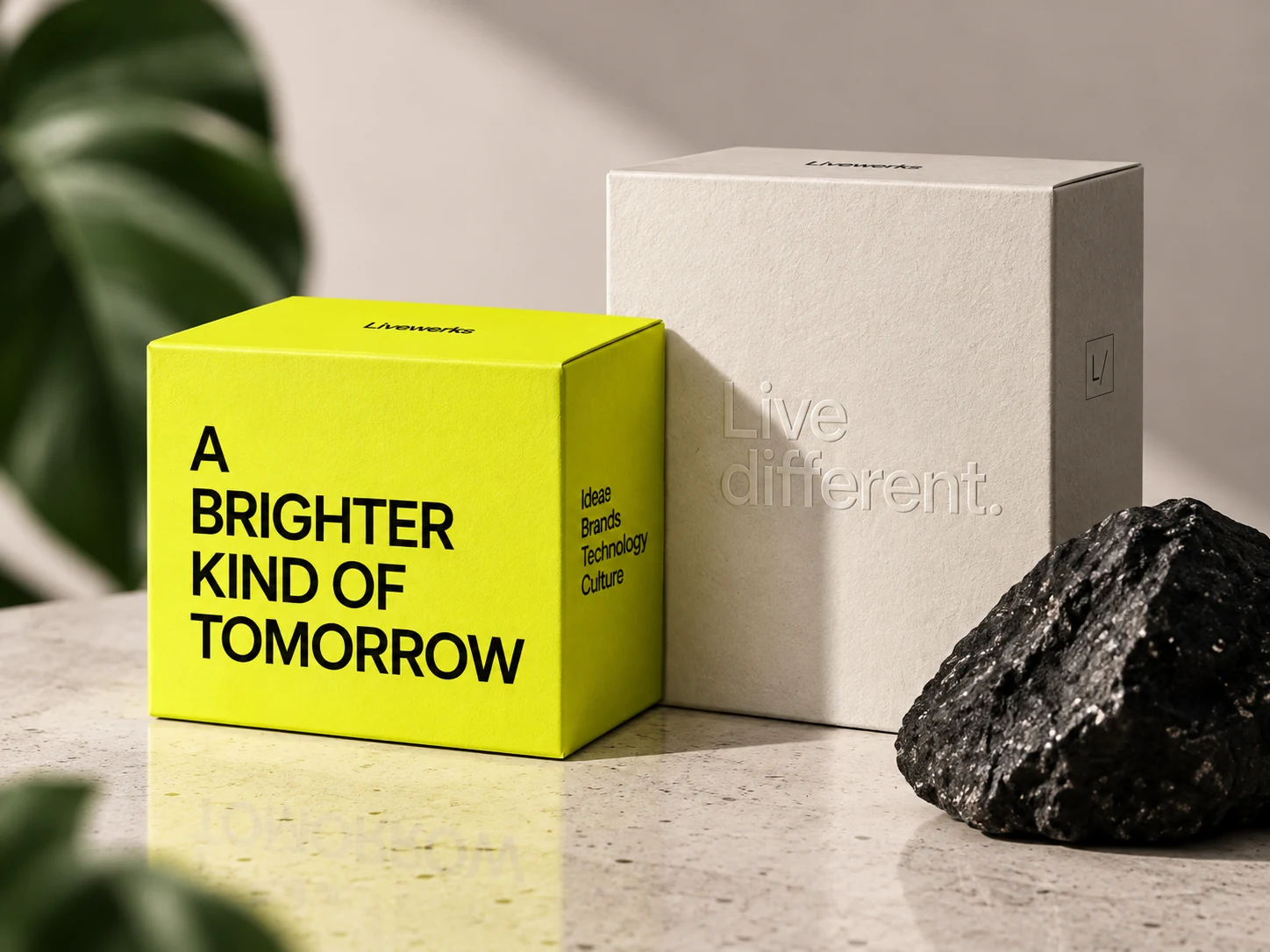 Neon yellow and warm white Livewerks packaging with the message A brighter kind of tomorrow.