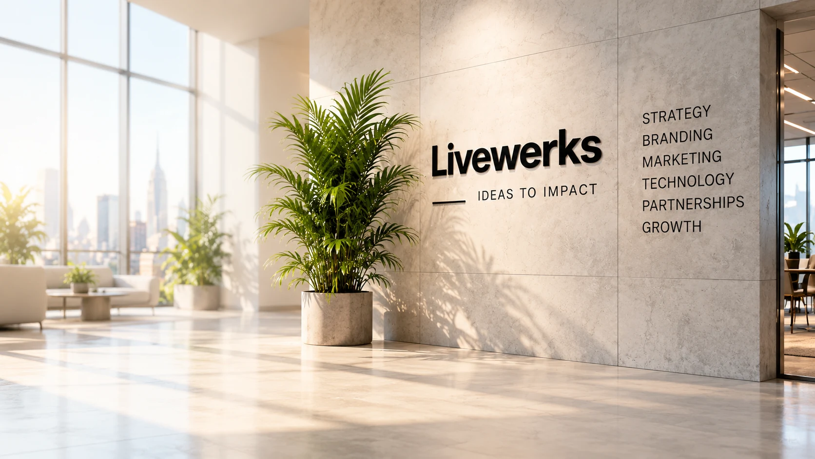 Bright stone reception wall with the Livewerks Ideas to Impact wordmark and strategic capabilities.