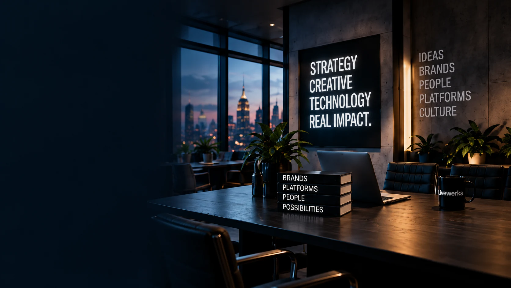 Dark Livewerks office with city views, a creative strategy wall, and a conference table.