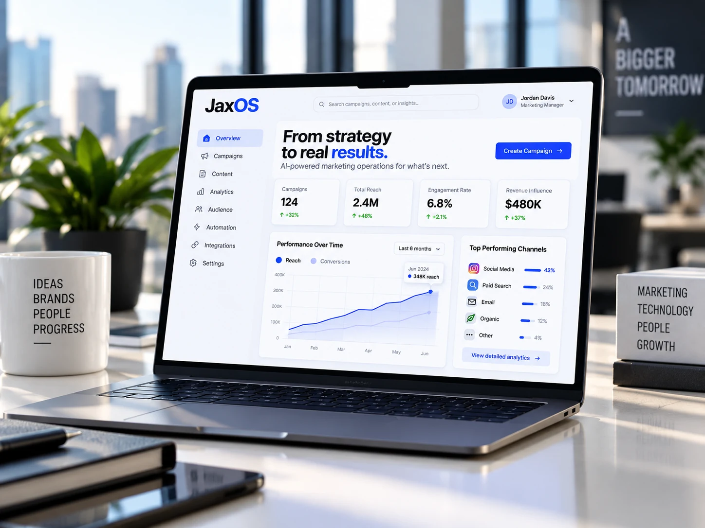 JaxOS marketing operations dashboard on a laptop with a performance chart.