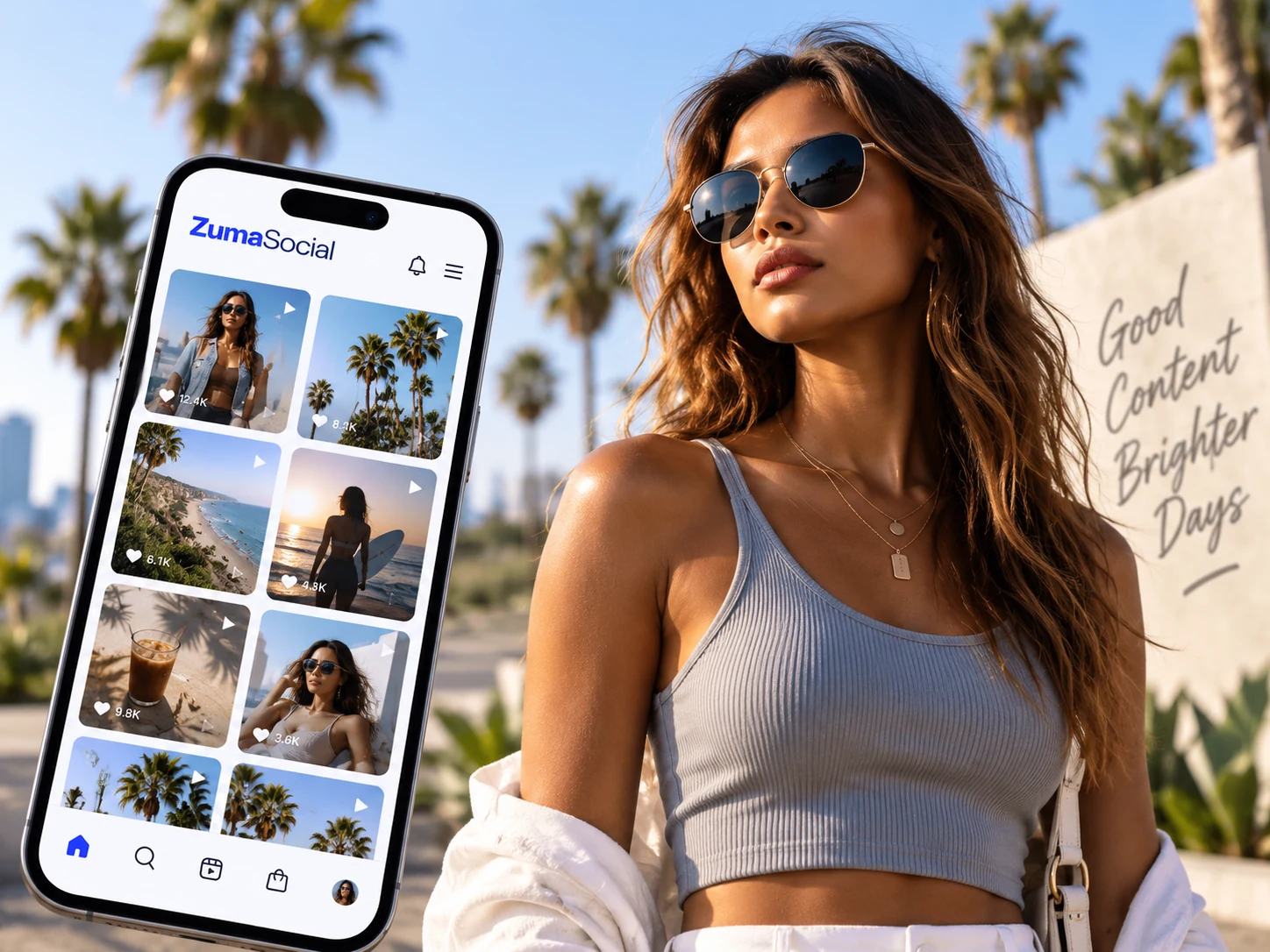 ZumaSocial lifestyle content with a smartphone, sunglasses, and palm trees.