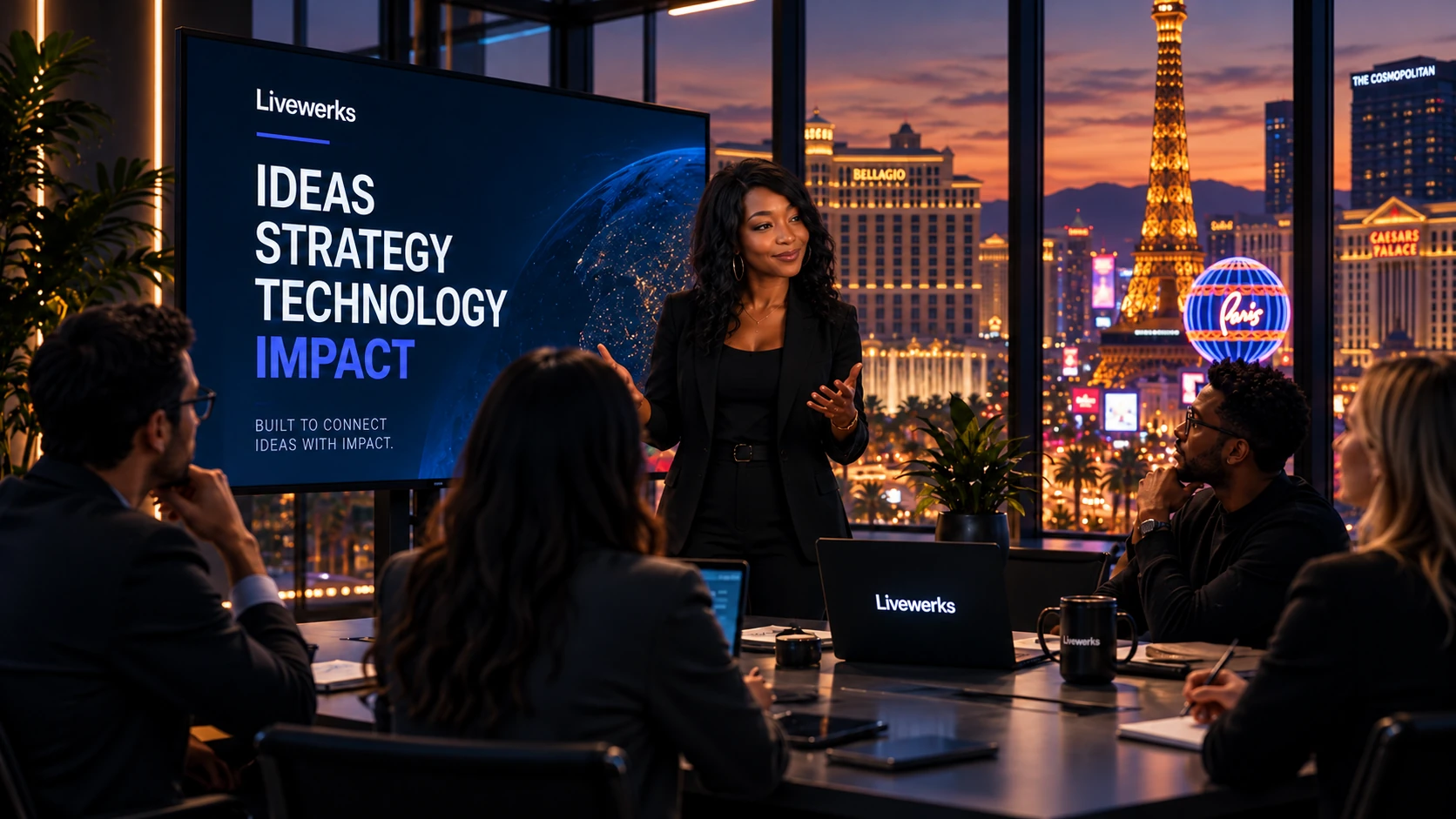 A Black female presenter leads a Livewerks strategy meeting at dusk overlooking the Las Vegas Strip.