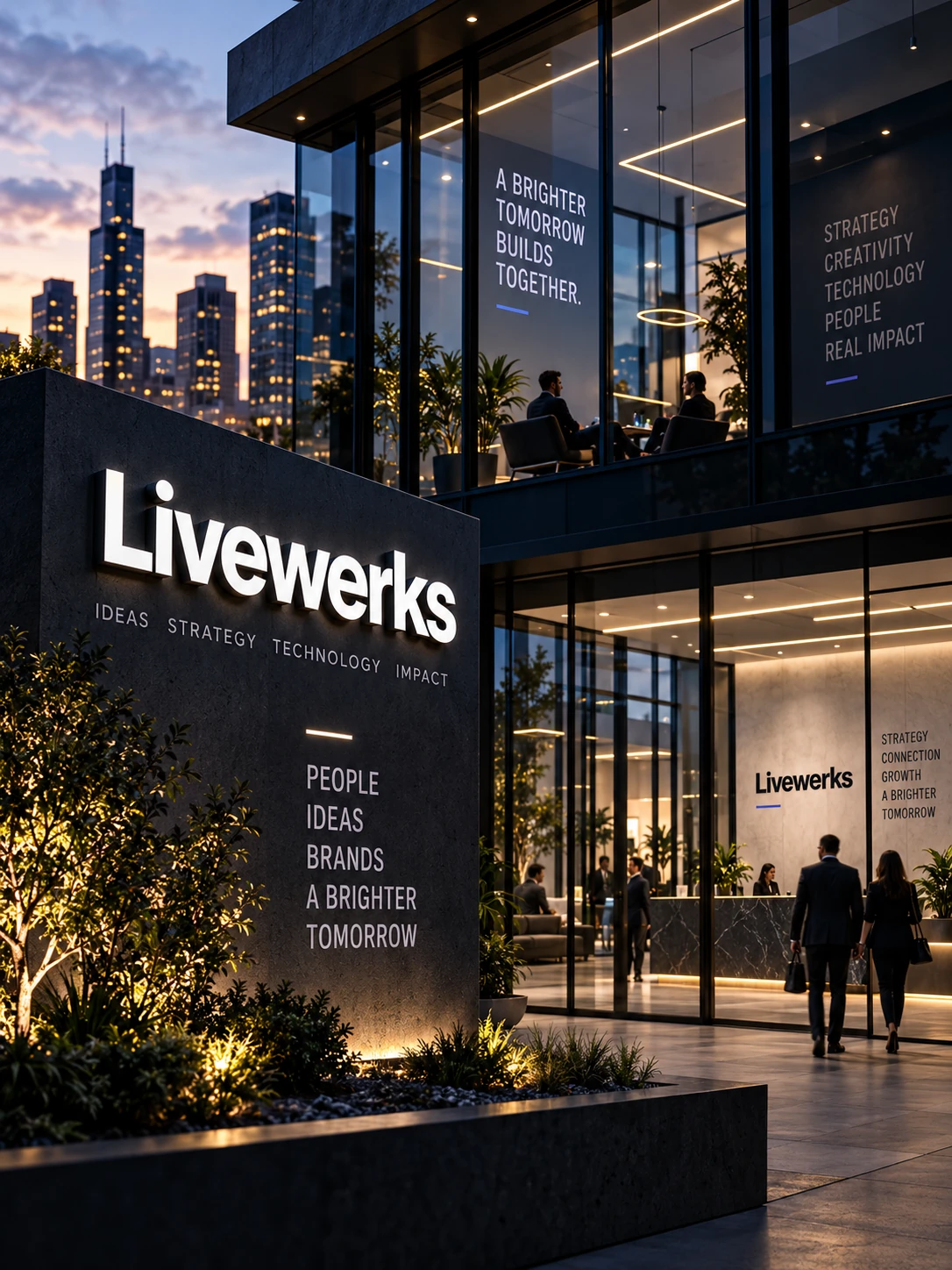 Livewerks architectural exterior with A Brighter Tomorrow branding.