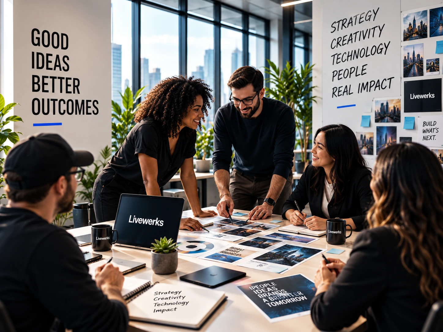 Livewerks team collaborates on creative ideas and strategy in a bright studio.