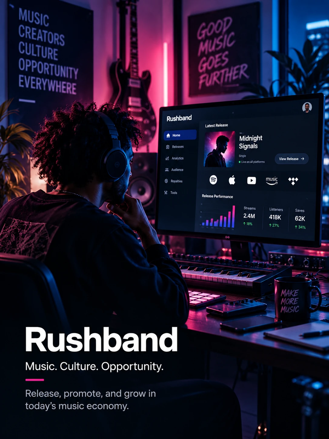 Rushband neon music studio with an artist working on music.