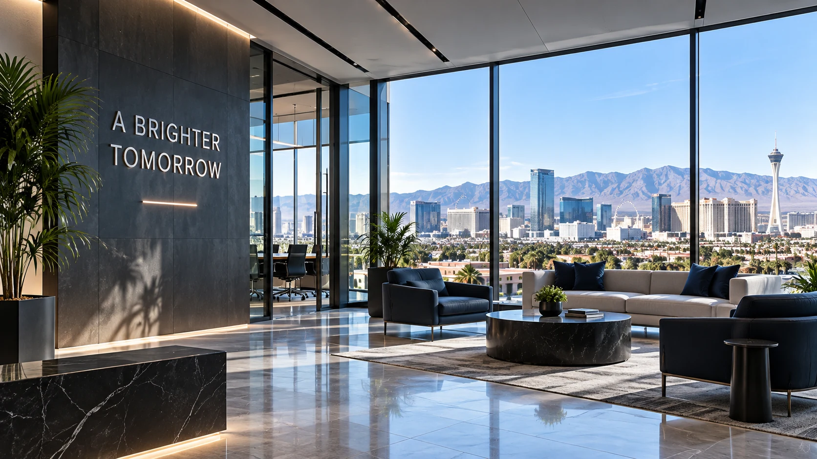 Conceptual executive office overlooking the Las Vegas skyline with A Brighter Tomorrow wall signage.