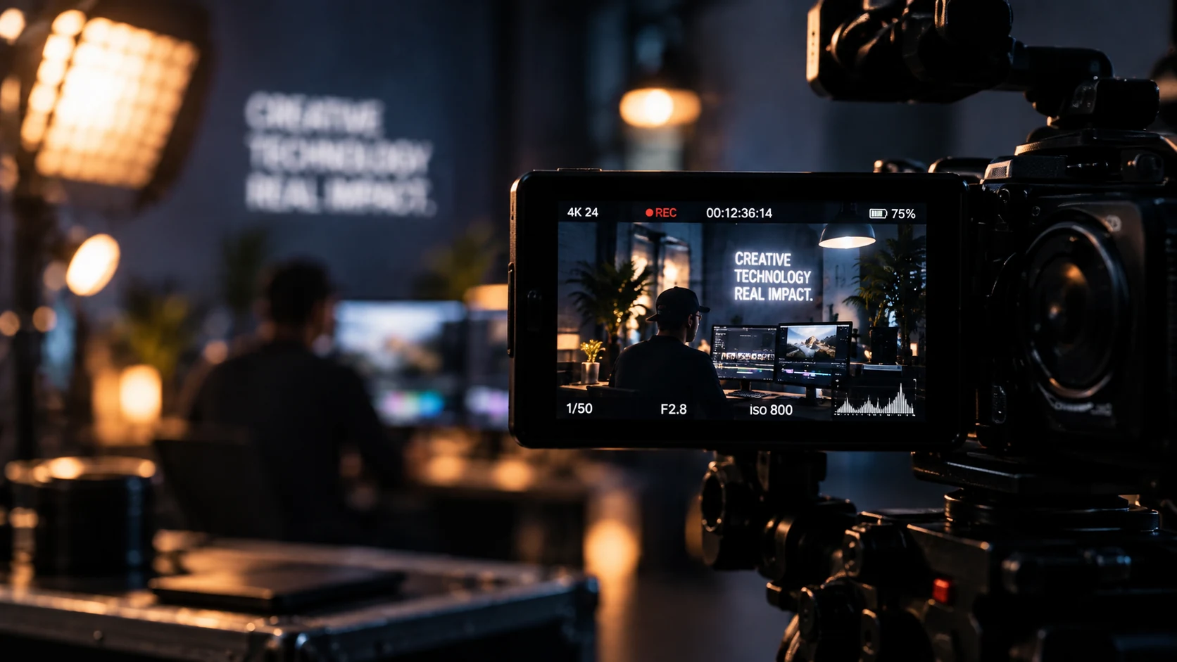 Professional video camera capturing a creative production scene.