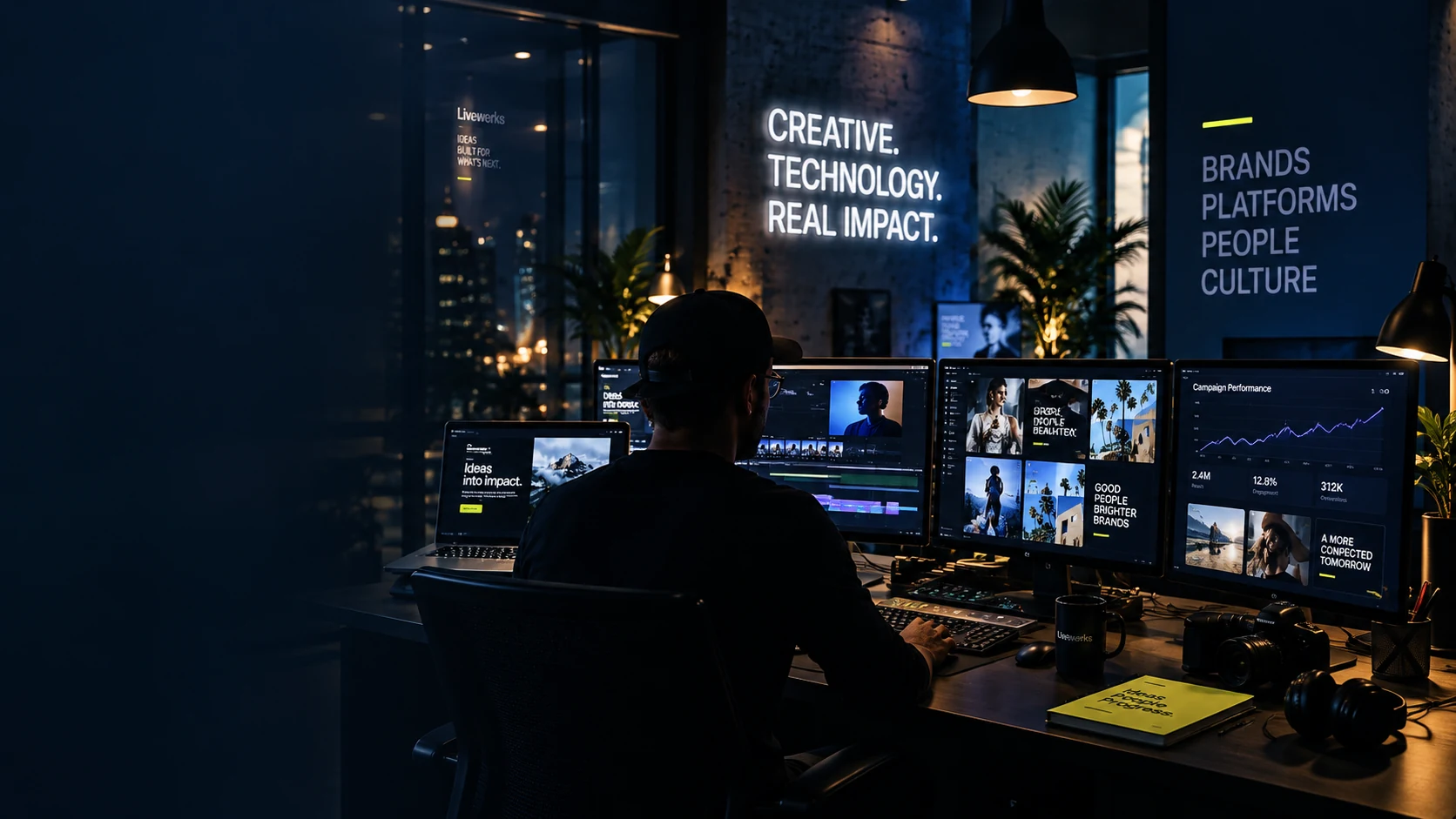 Creative technology studio with multiple monitors showing content, design, and marketing analytics.