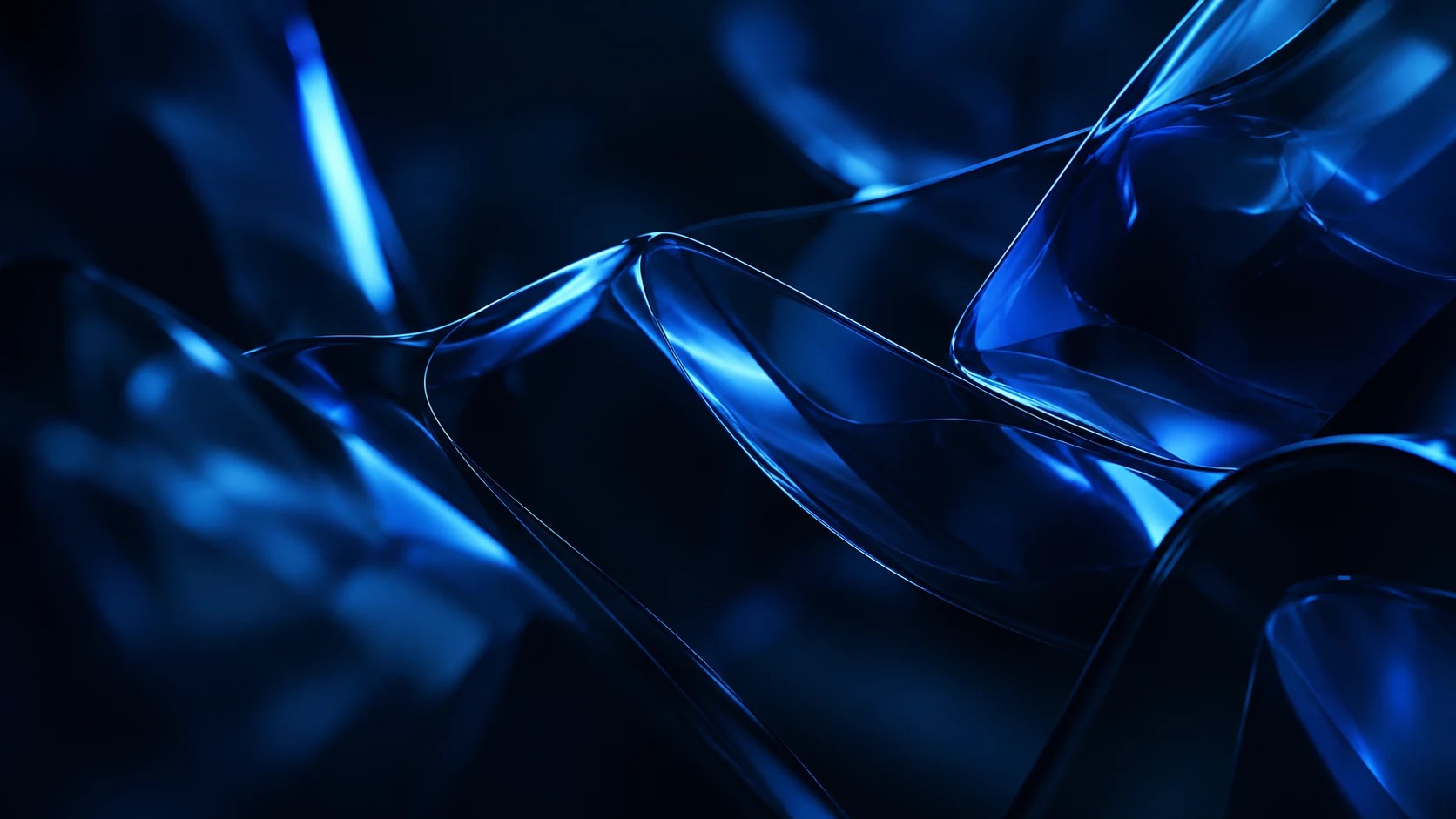 Abstract electric blue glass ribbons against a midnight navy background.