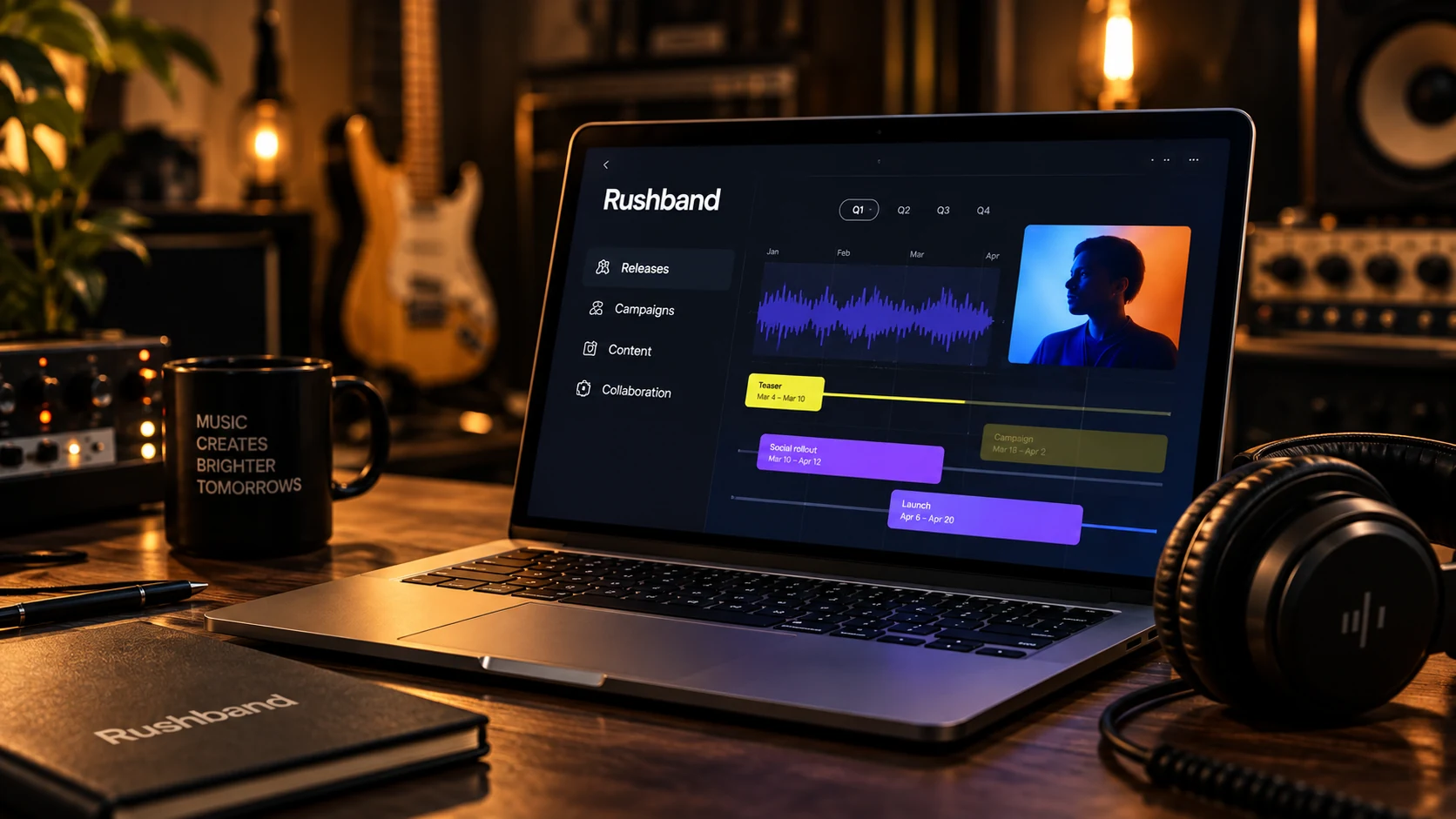 Rushband music release and campaign planning dashboard on a laptop in a recording studio.