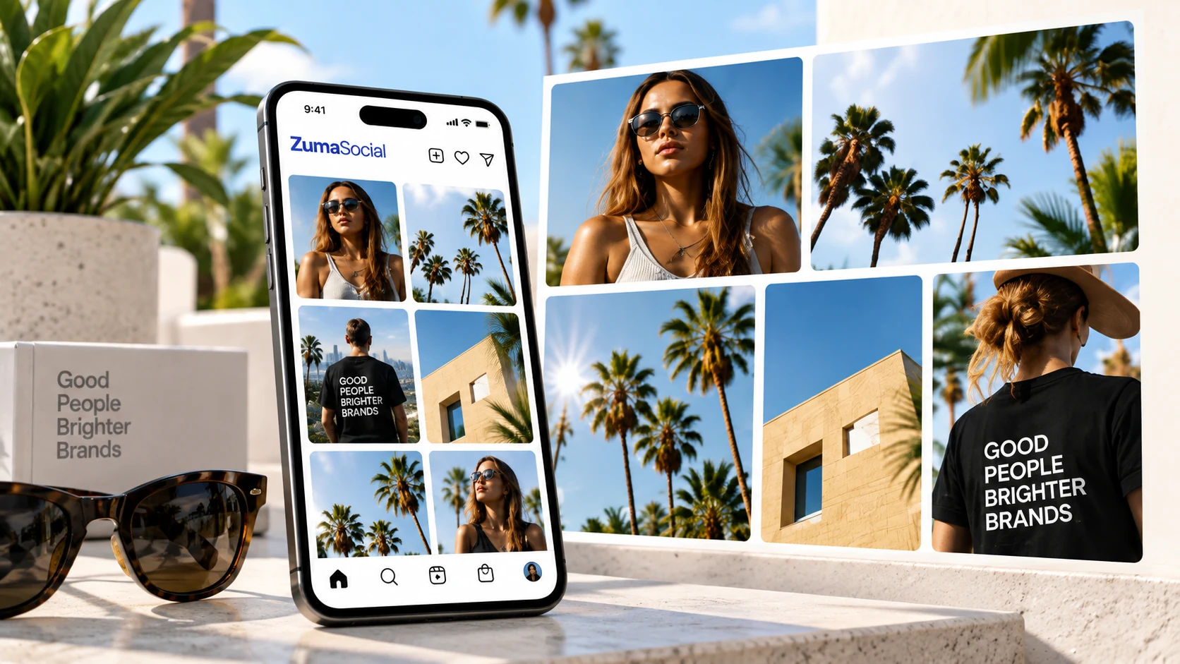 ZumaSocial content displayed on a phone alongside lifestyle photography and palm trees.
